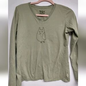 Good Karma by Life is Good Long Sleeve Olive Green Tee with Embroderded Owl SM